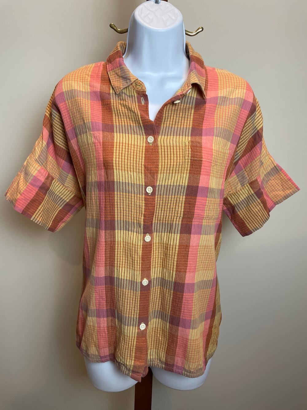 Madewell Pink Yellow Muted Plaid Button Up 100% Cotton High Low Hem Size S